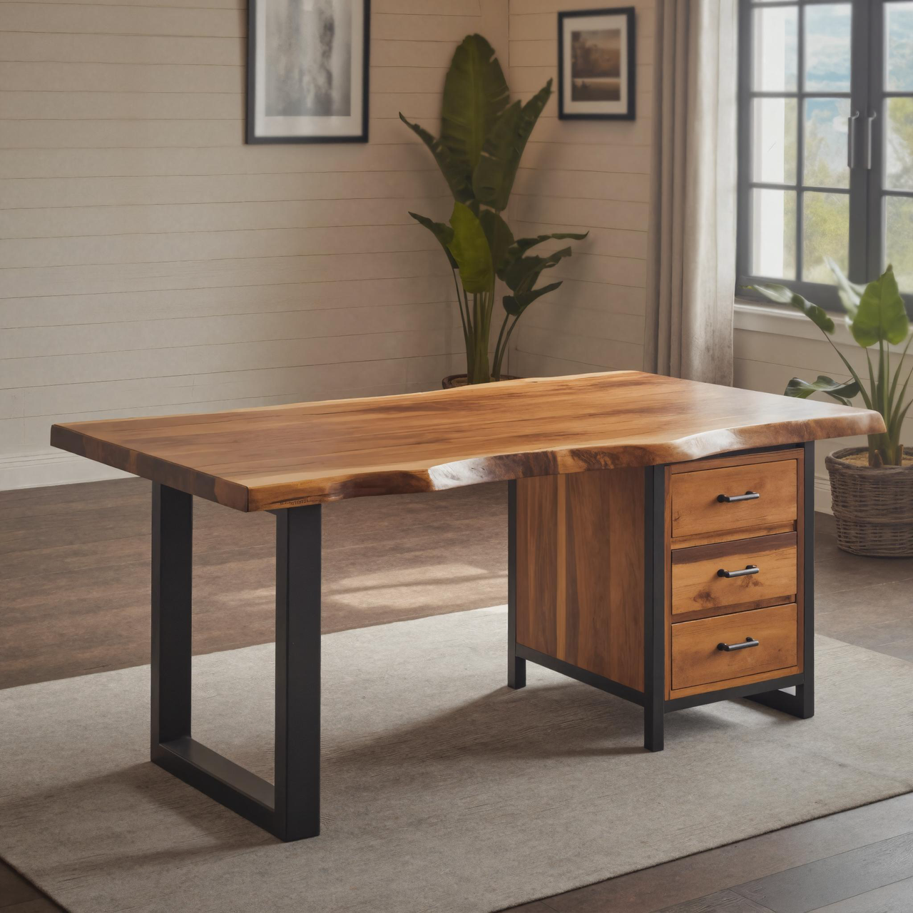Modern Live Edge Office Desk With Drawer Storage For Workspace