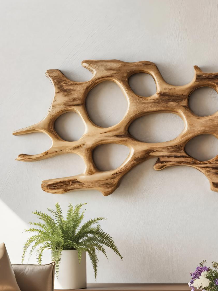 Organic Wall Art Sculpture With Abstract Carving For Living Room