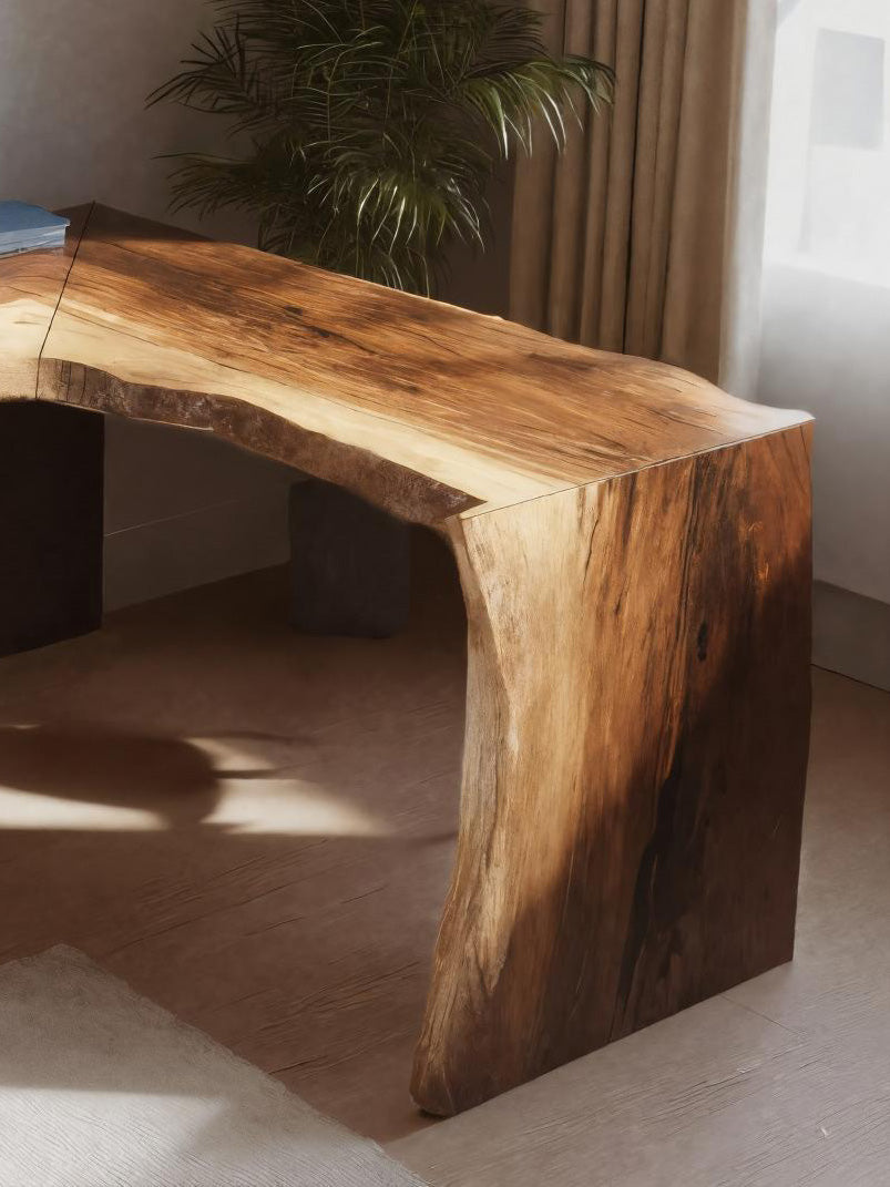 Rustic Live Edge L Shaped Desk With Bookshelf For Workspace