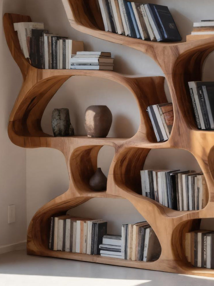 Modern Bookshelf With Organic Carved Design For Living Room Or Office