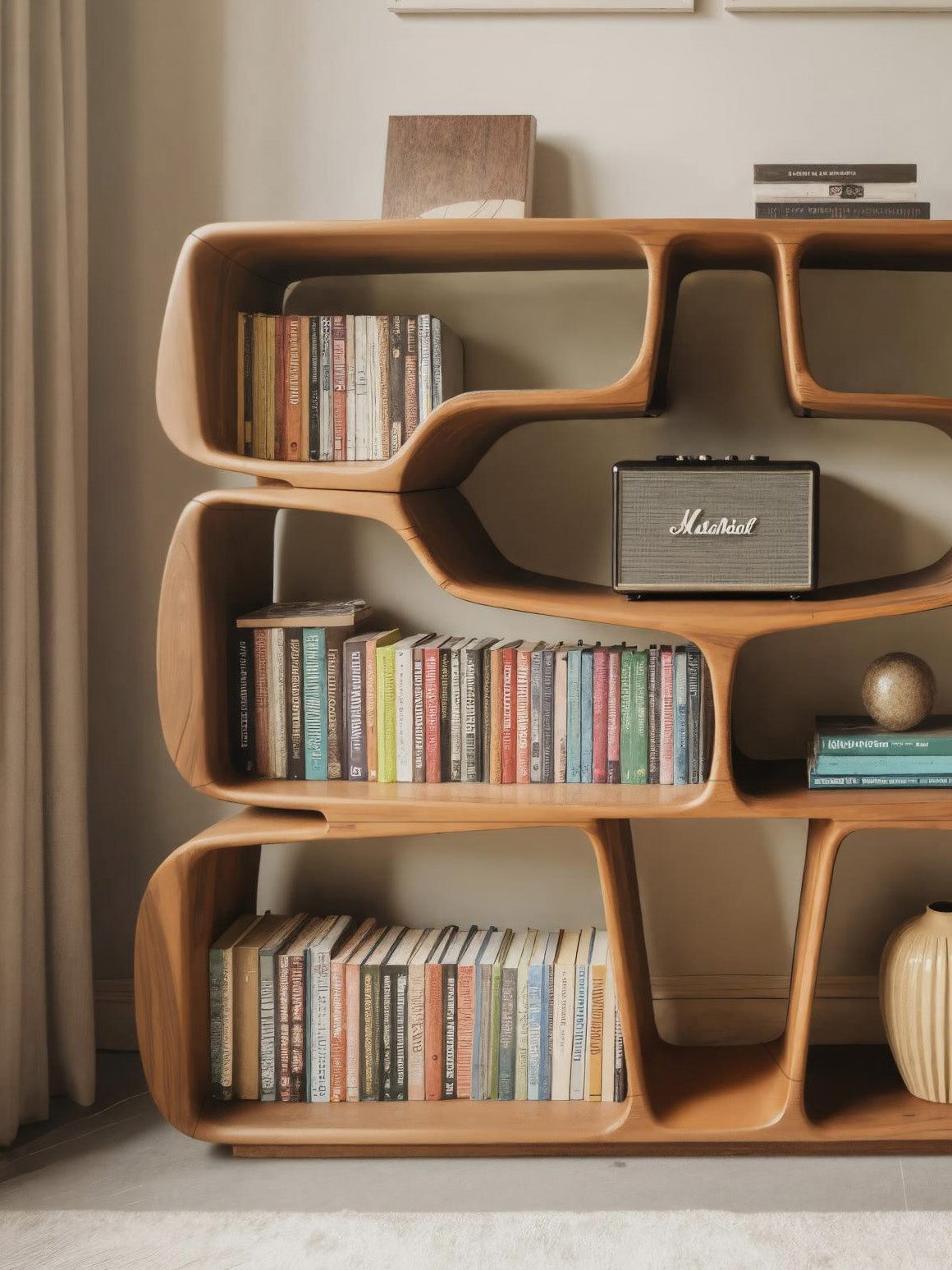 Modern Sculptural Bookshelf With Organic Curves For Living Room