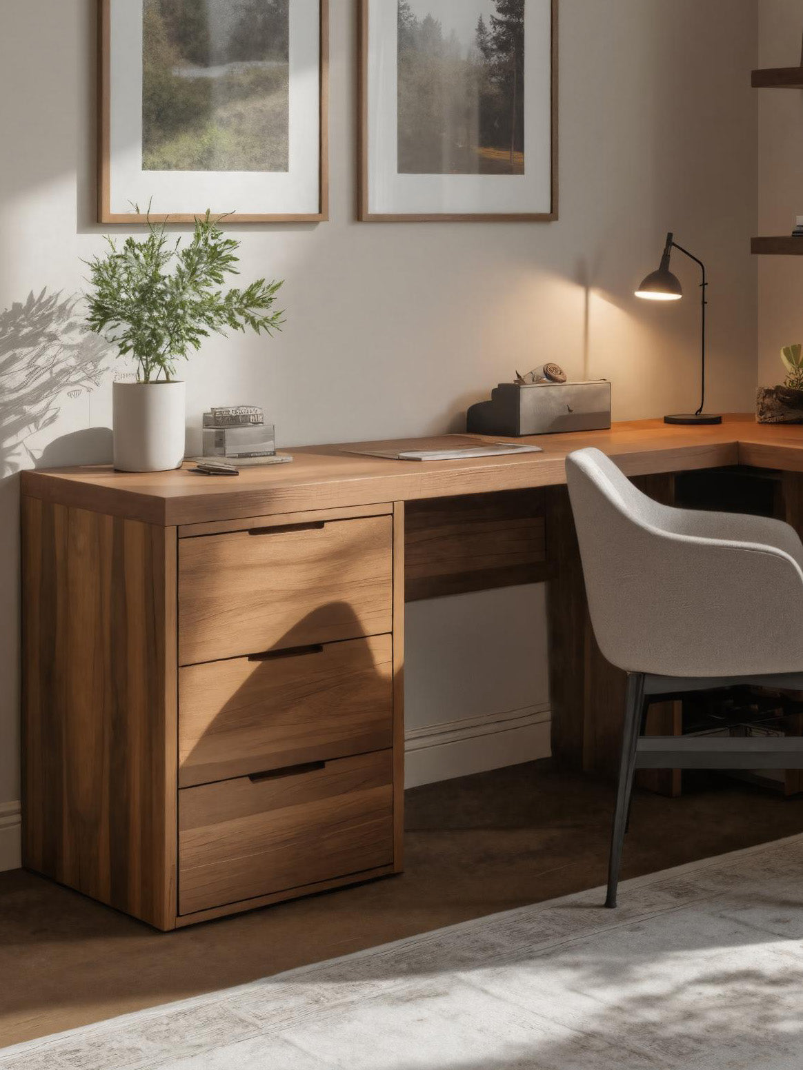 Modern L Shaped Desk With Drawers And Shelves For Study