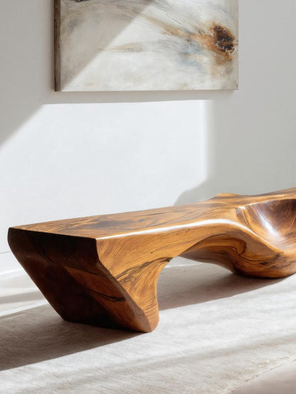Organic Bench With Carved Wave Design For Living Room