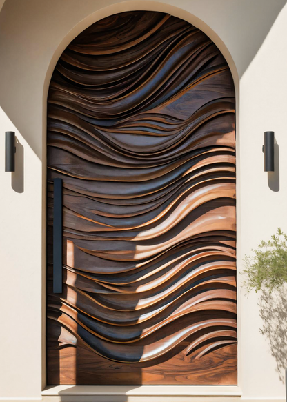 Artistic Arched Front Door With Wavy Sculpted Design For Villa