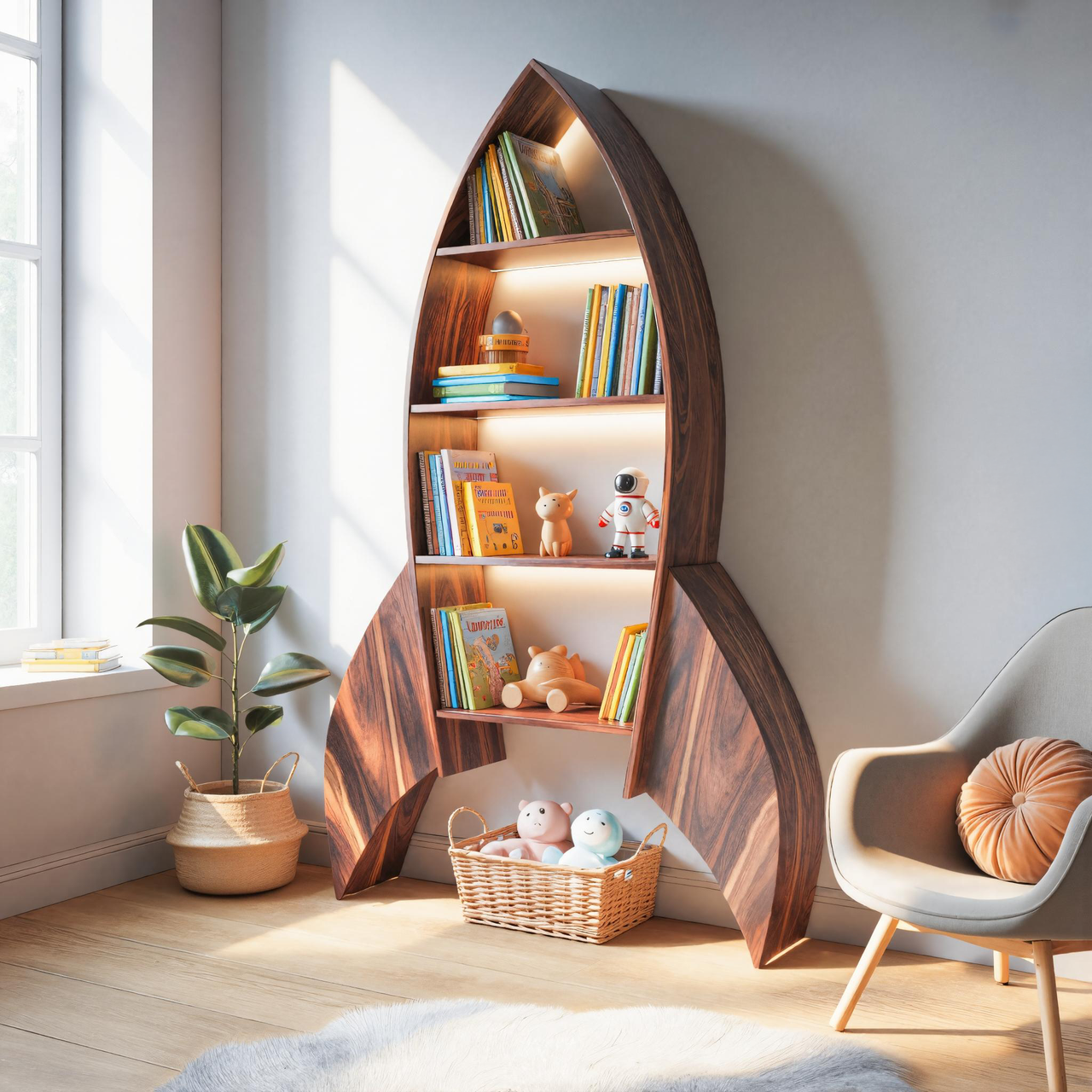 Rocket Shaped Bookshelf For Nursery Or Playroom