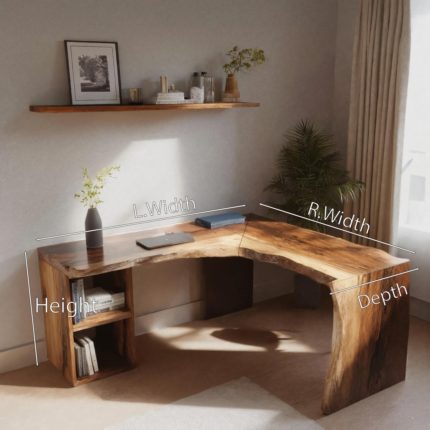 Rustic Live Edge L Shaped Desk With Bookshelf For Workspace