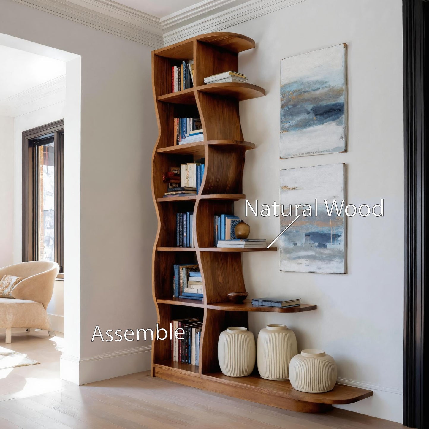 Modern Bookshelf With Wavy Design For Living Room