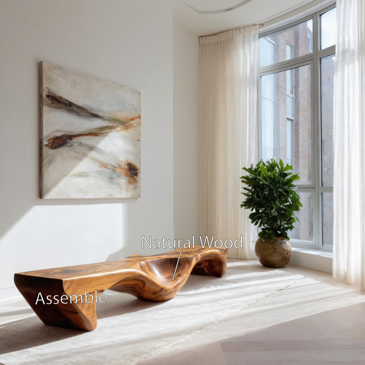 Organic Bench With Carved Wave Design For Living Room