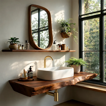 Organic Live Edge Wood Bathroom Countertop Vanity with Wall Mount Shelf