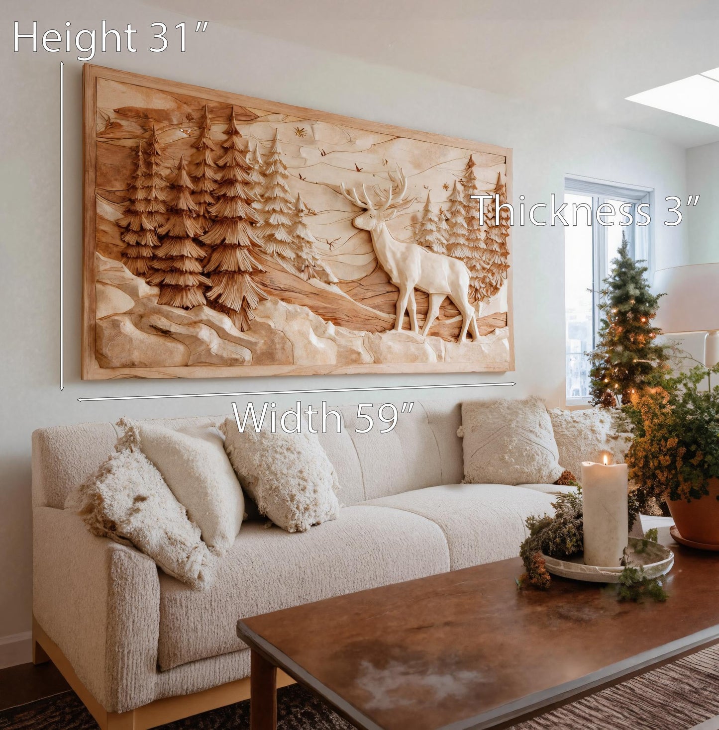 Rustic Wall Art With Carved Deer Scene For Living Room
