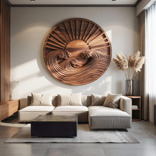 Round Wall Art With Carved Sun And Waves For Bedroom