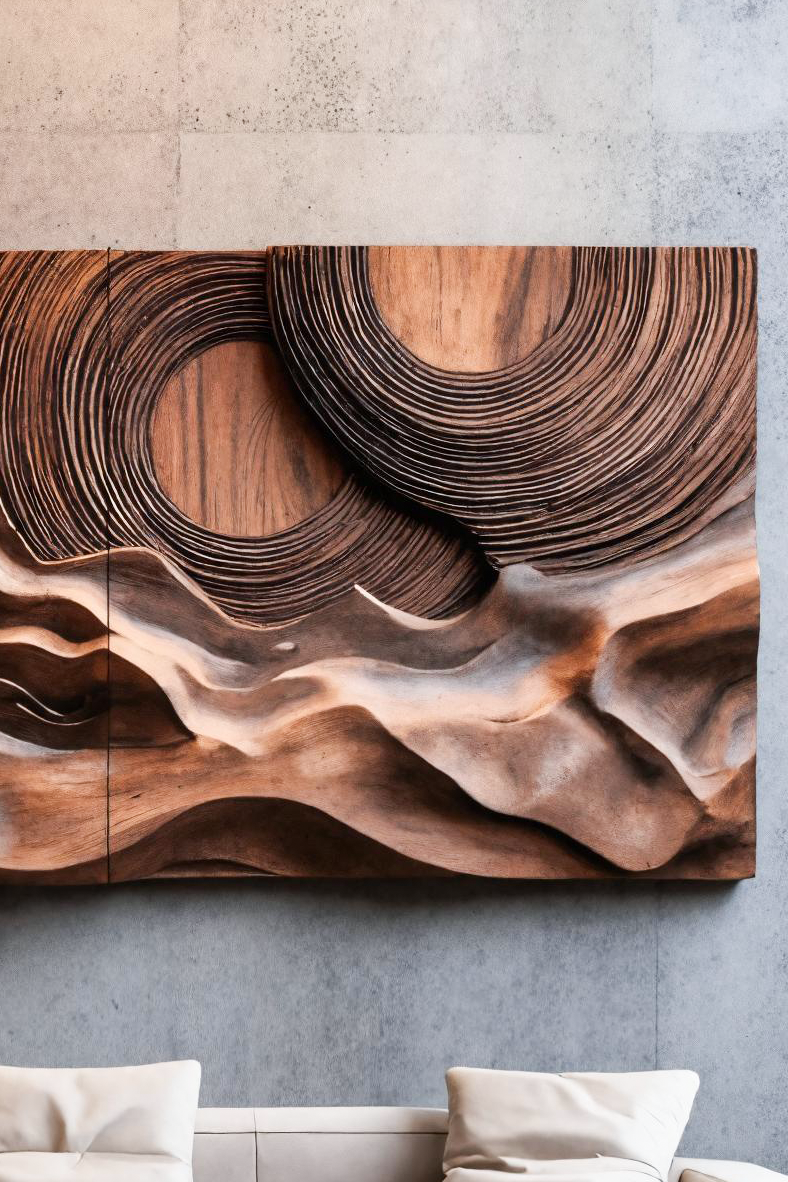 Layered Wave Wall Sculpture With Abstract Circles For Living Room