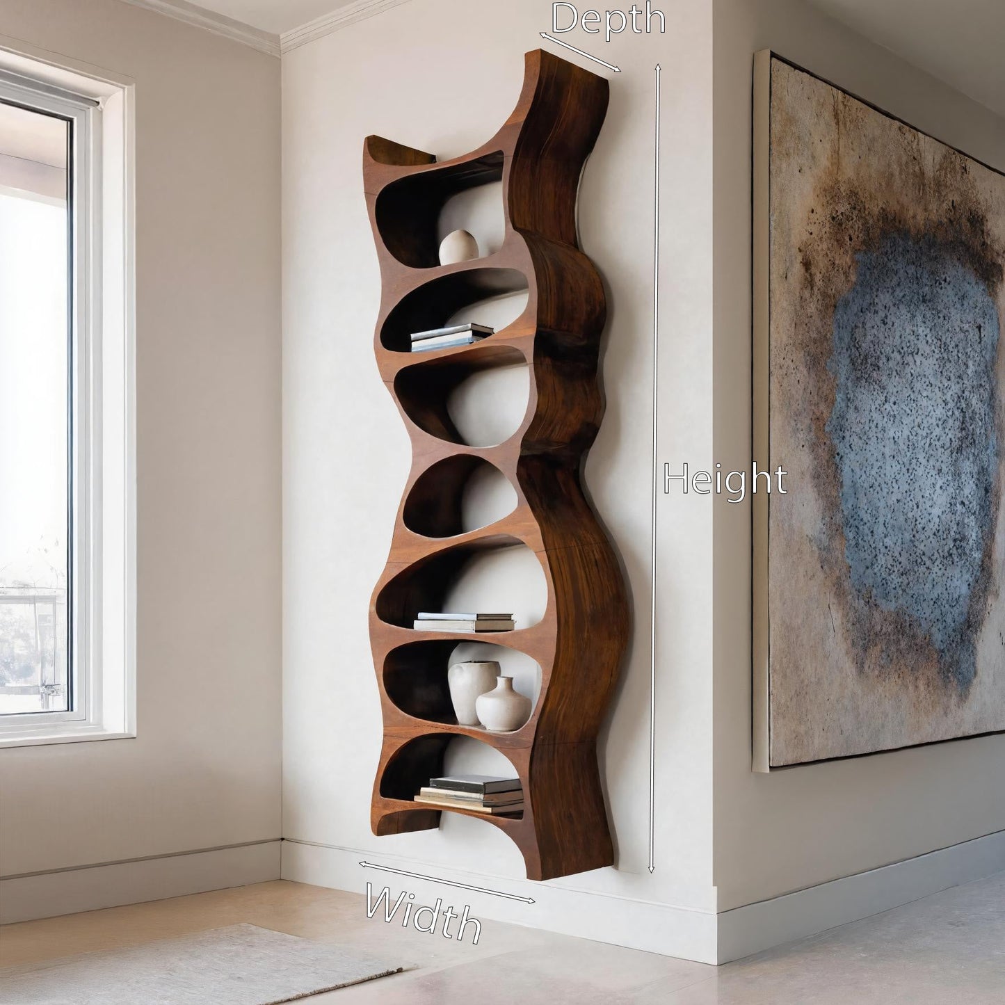 Tall Sculptural Wall Mounted Bookshelf For Living Room