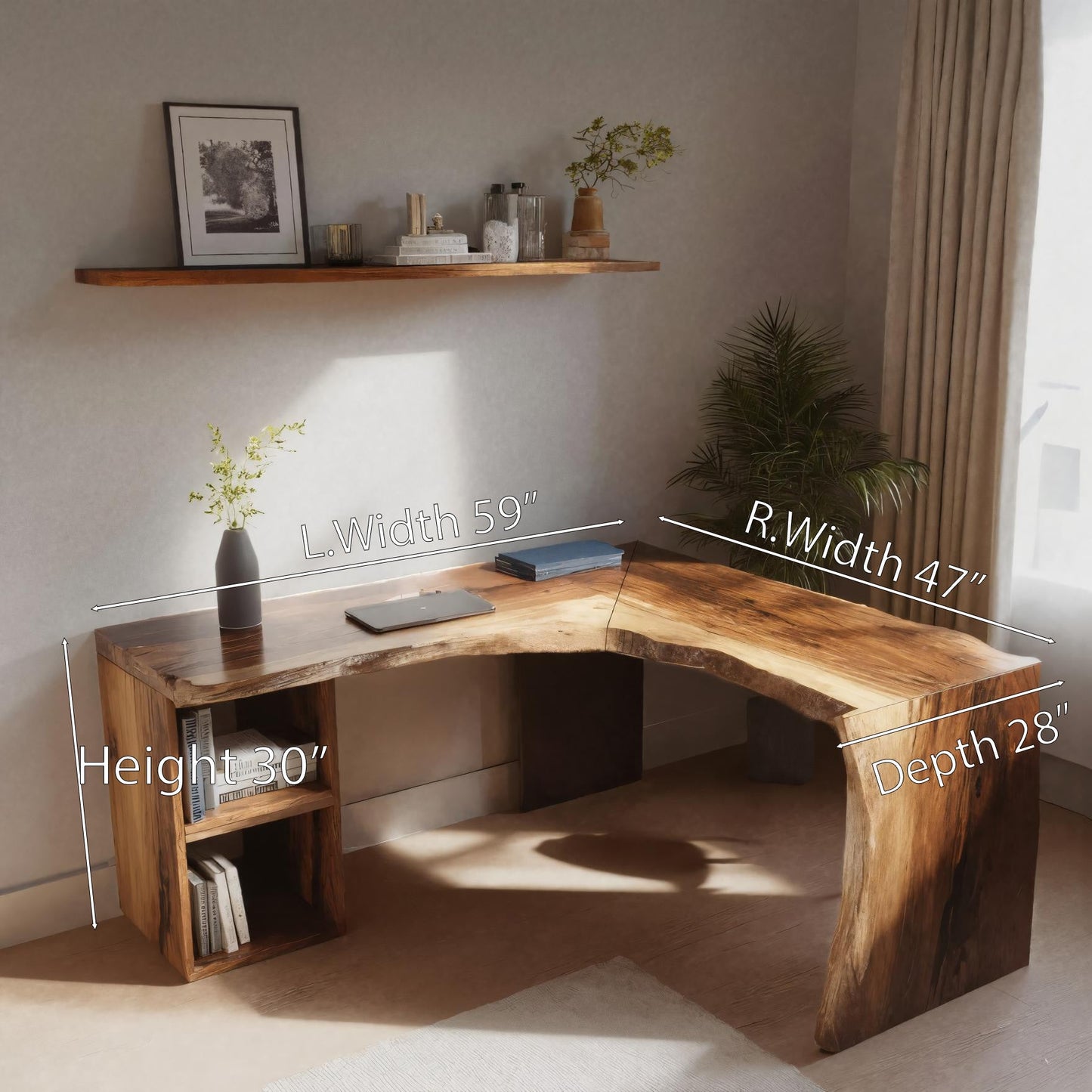 Rustic Live Edge L Shaped Desk With Bookshelf For Workspace