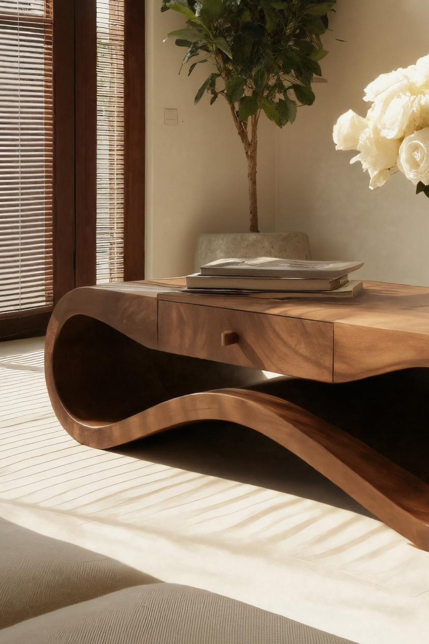 Modern Wave Coffee Table With Drawer For Living Room