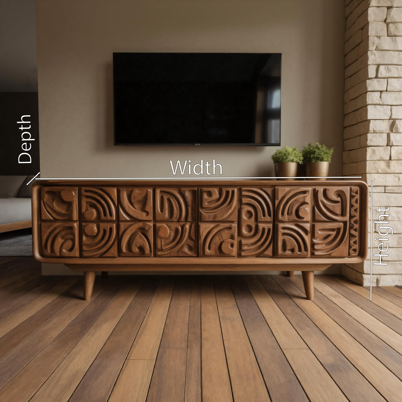 Hand Carved TV Console With Geometric Doors For Living Room