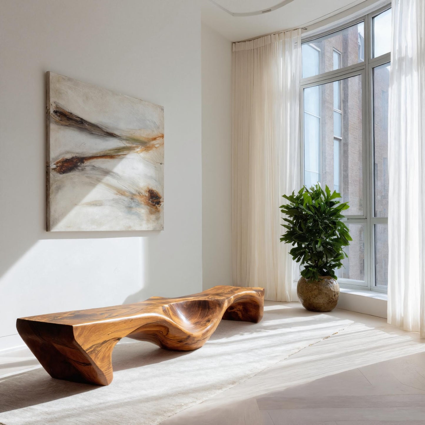 Organic Bench With Carved Wave Design For Living Room