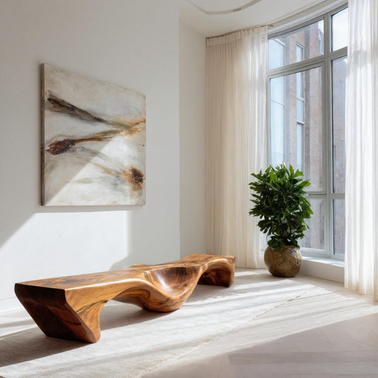 Organic Bench With Carved Wave Design For Living Room