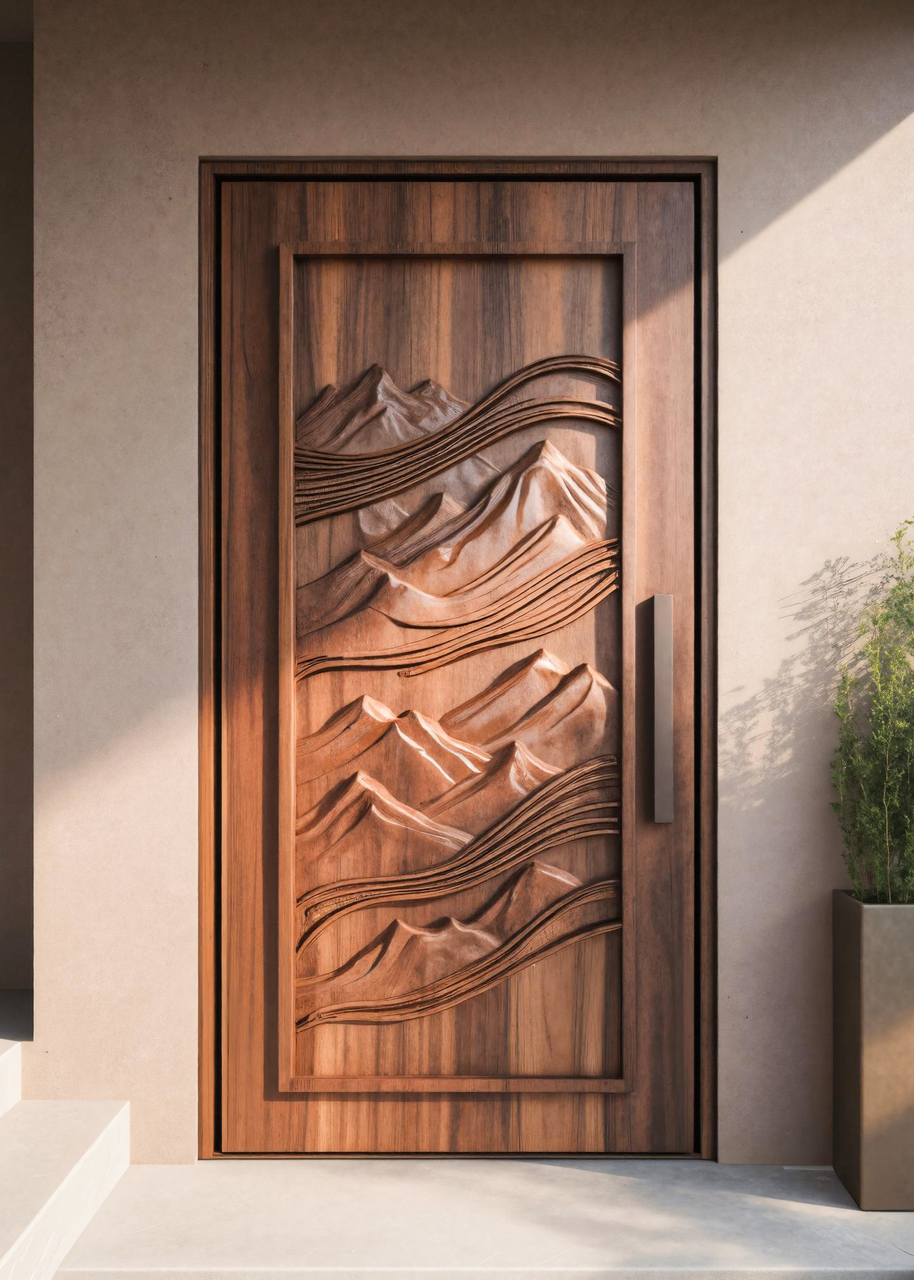 Rustic Carved Front Door With Mountain Design For Cabin Or Lodge