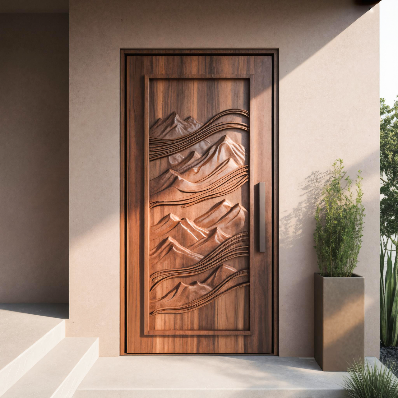 Rustic Carved Front Door With Mountain Design For Cabin Or Lodge