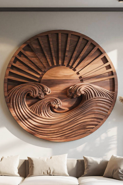 Round Wall Art With Carved Sun And Waves For Bedroom