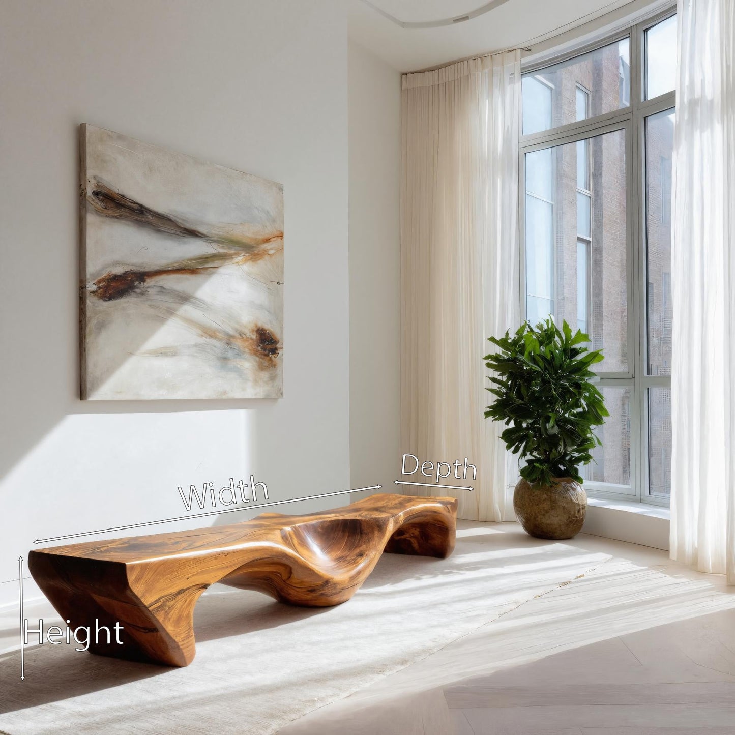 Organic Bench With Carved Wave Design For Living Room