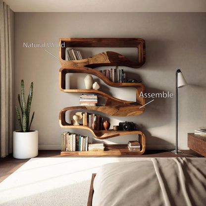 Modern Curved Bookshelf With Flowing Design For Bedroom