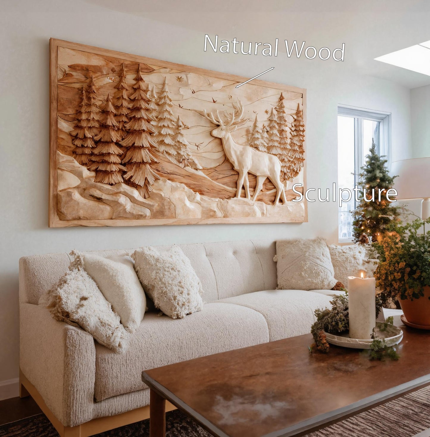 Rustic Wall Art With Carved Deer Scene For Living Room
