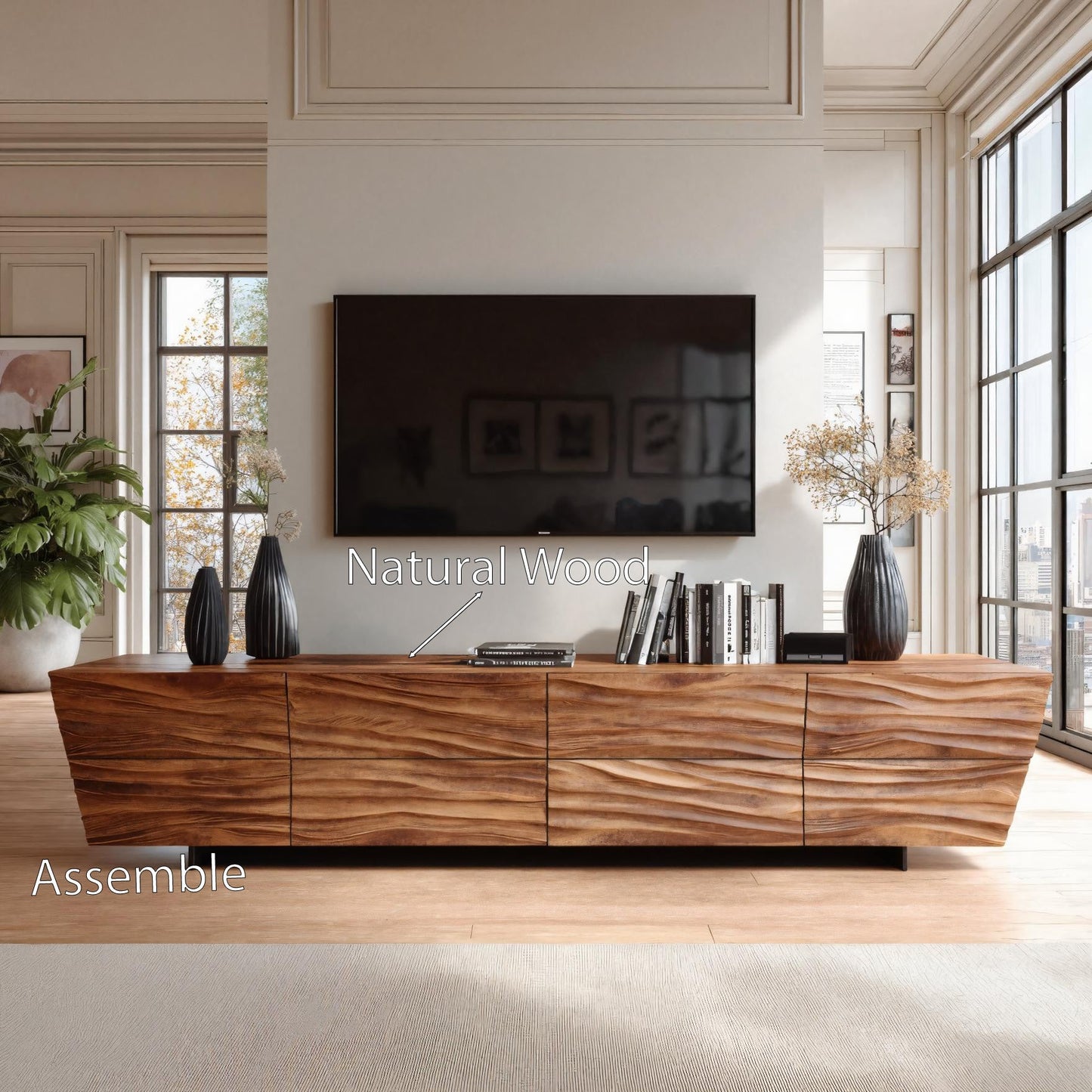 Modern TV Stand With Wave Carved Front For Living Room