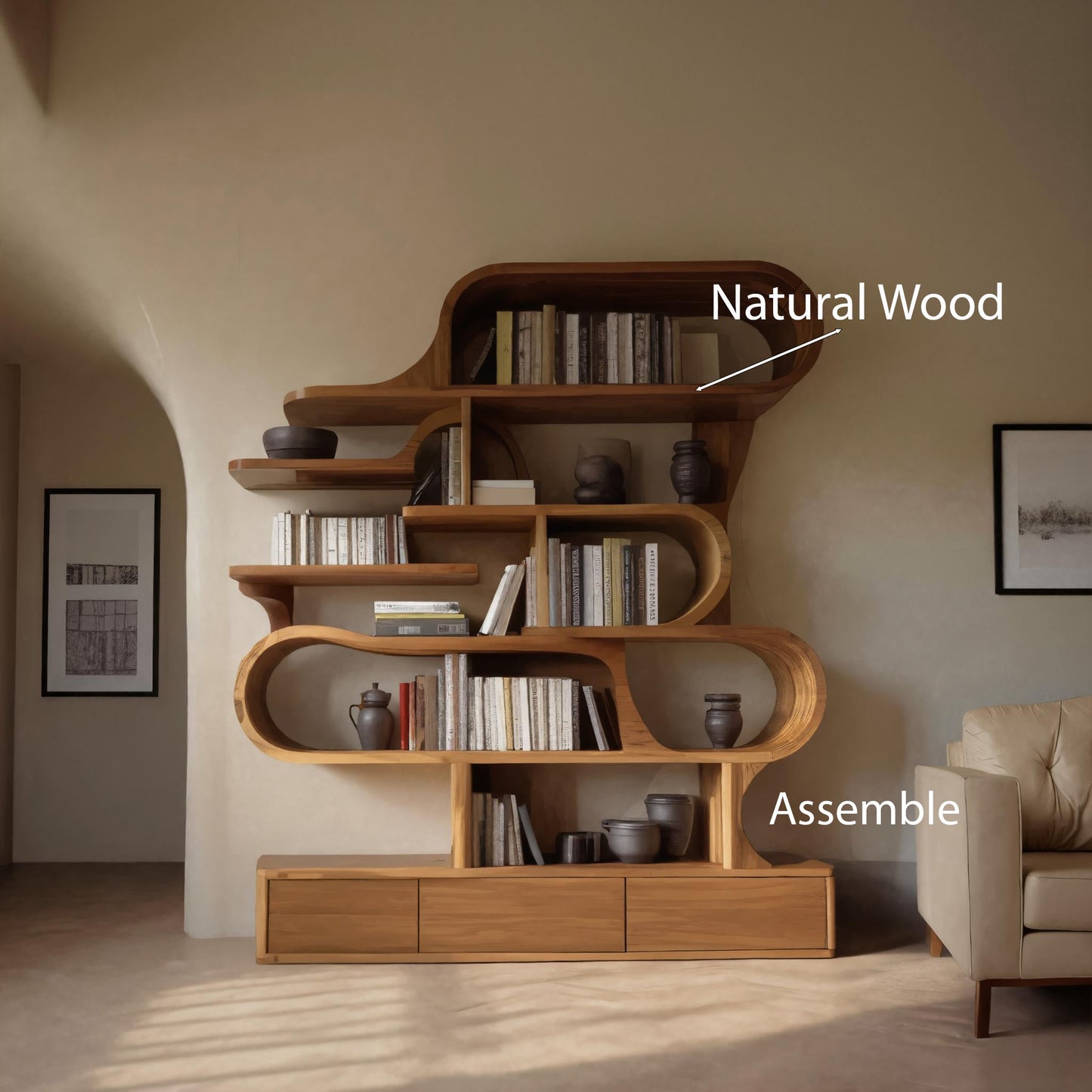 Modern Sculptural Bookshelf With Curved Design For Living Room Or Office