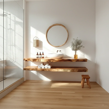 Minimalist Live Edge Solid Wood Vanity Counter with Dual Floating Shelves