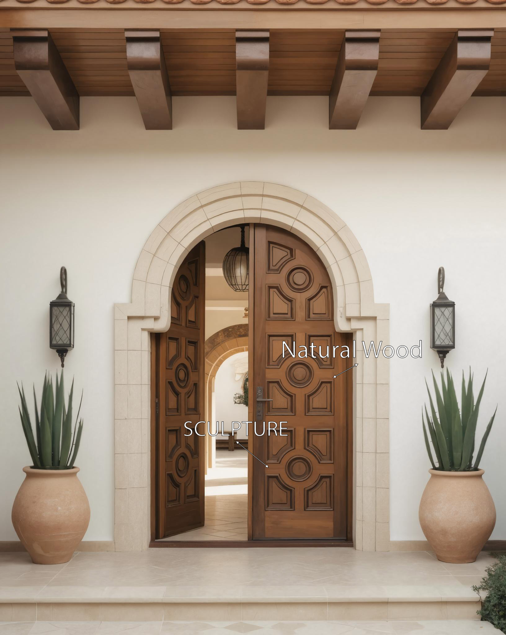 Mediterranean Double Entry Door With Geometric Panels For Spanish Home