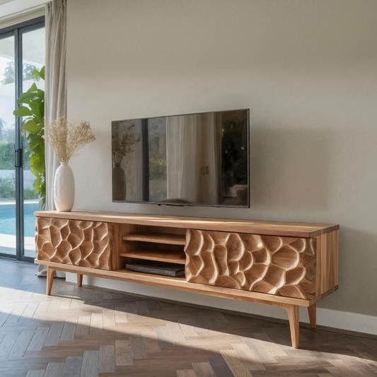 Handmade TV Stand With Carved Doors For Living Room