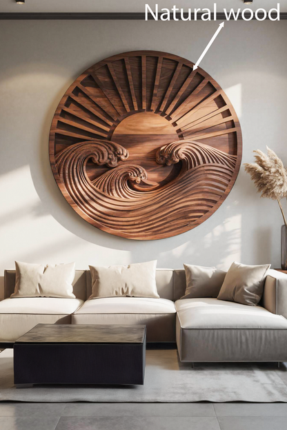 Round Wall Art With Carved Sun And Waves For Bedroom