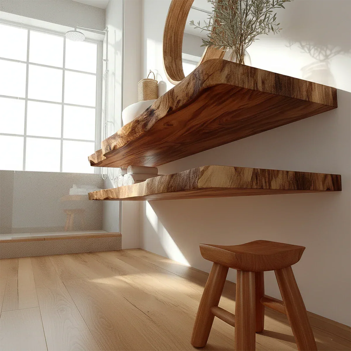 Minimalist Live Edge Solid Wood Vanity Counter with Dual Floating Shelves