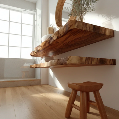 Minimalist Live Edge Solid Wood Vanity Counter with Dual Floating Shelves