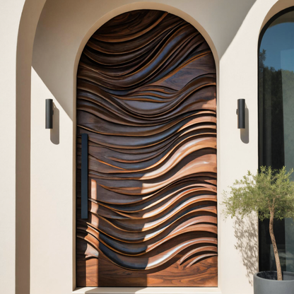 Artistic Arched Front Door With Wavy Sculpted Design For Villa