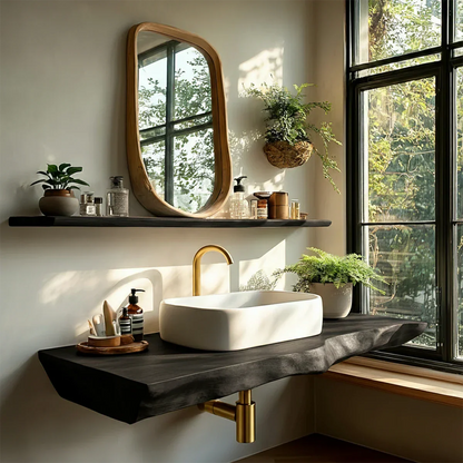 Organic Live Edge Wood Bathroom Countertop Vanity with Wall Mount Shelf