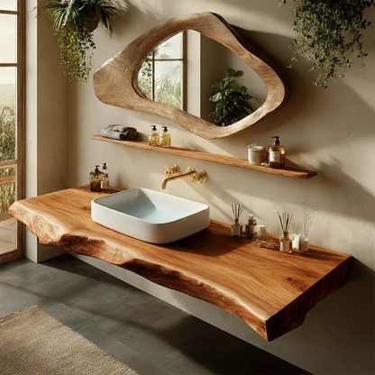 Handcrafted Live Edge Solid Wood Bathroom Counter Shelf