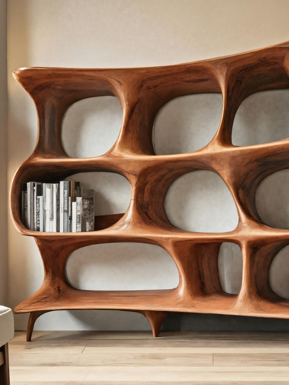 Organic Carved Bookshelf For Living Room Or Office Storage