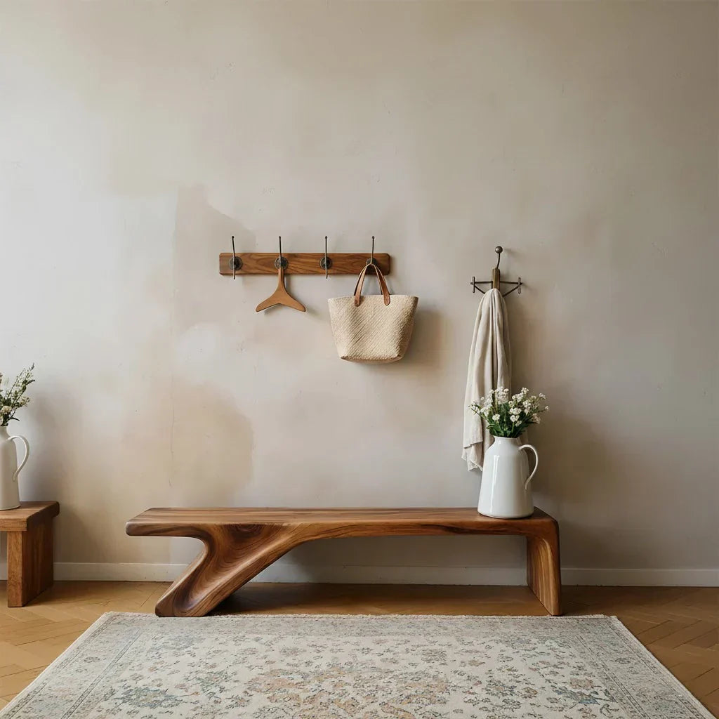 Asymmetric Sculpted Solid Wood Bench – Minimal Flowing Form - Rustirawood