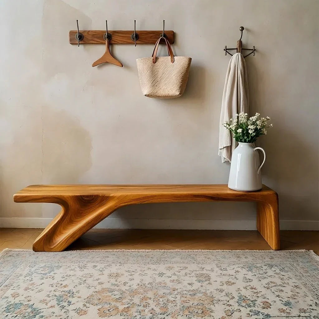 Asymmetric Sculpted Solid Wood Bench – Minimal Flowing Form - Rustirawood