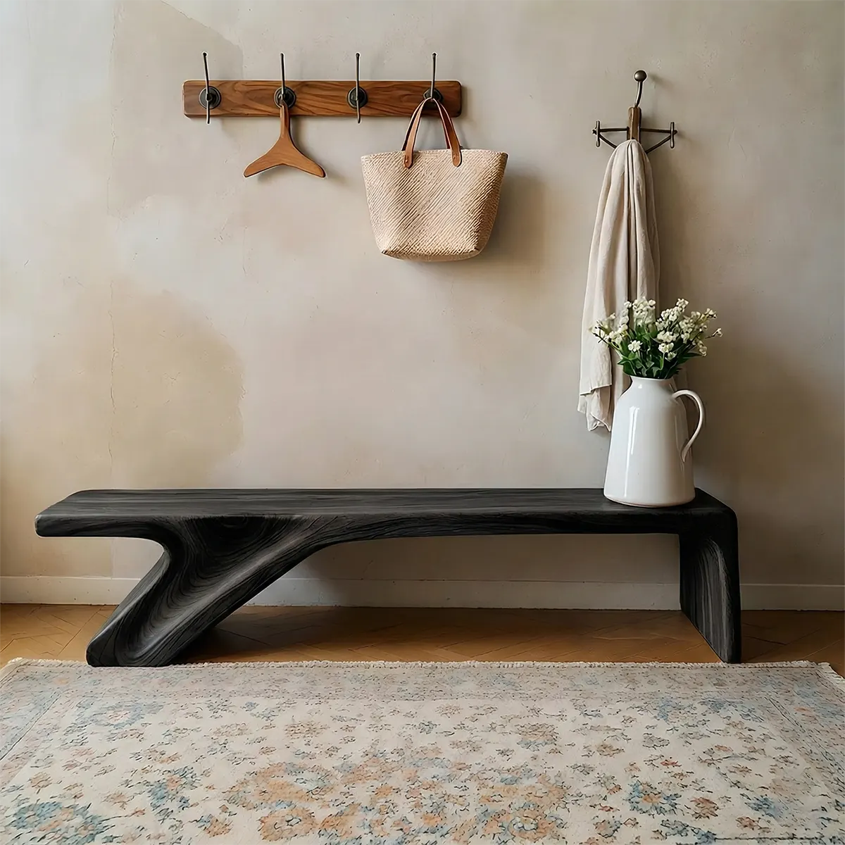 Asymmetric Sculpted Solid Wood Bench – Minimal Flowing Form - Rustirawood