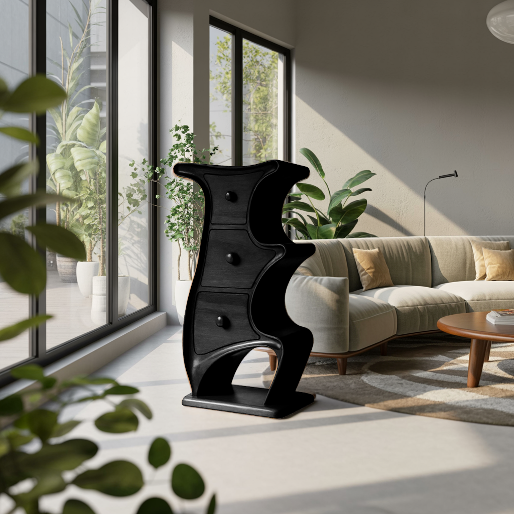 Modern Sculptural Wood Cabinet 3 Drawer Chest For Bedroom Or Living Room