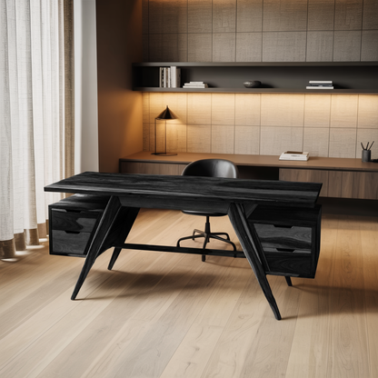 Modern Executive Wooden Desk With Angled Legs And Drawers For Home Office