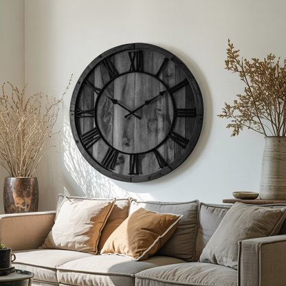 Oversized Rustic Wall Clock With Roman Numerals For Living Room And Entryway