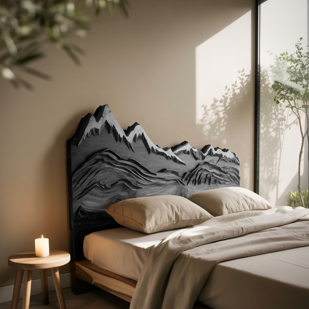 Mountain Headboard Carved For Queen And King Bed In Rustic Bedroom
