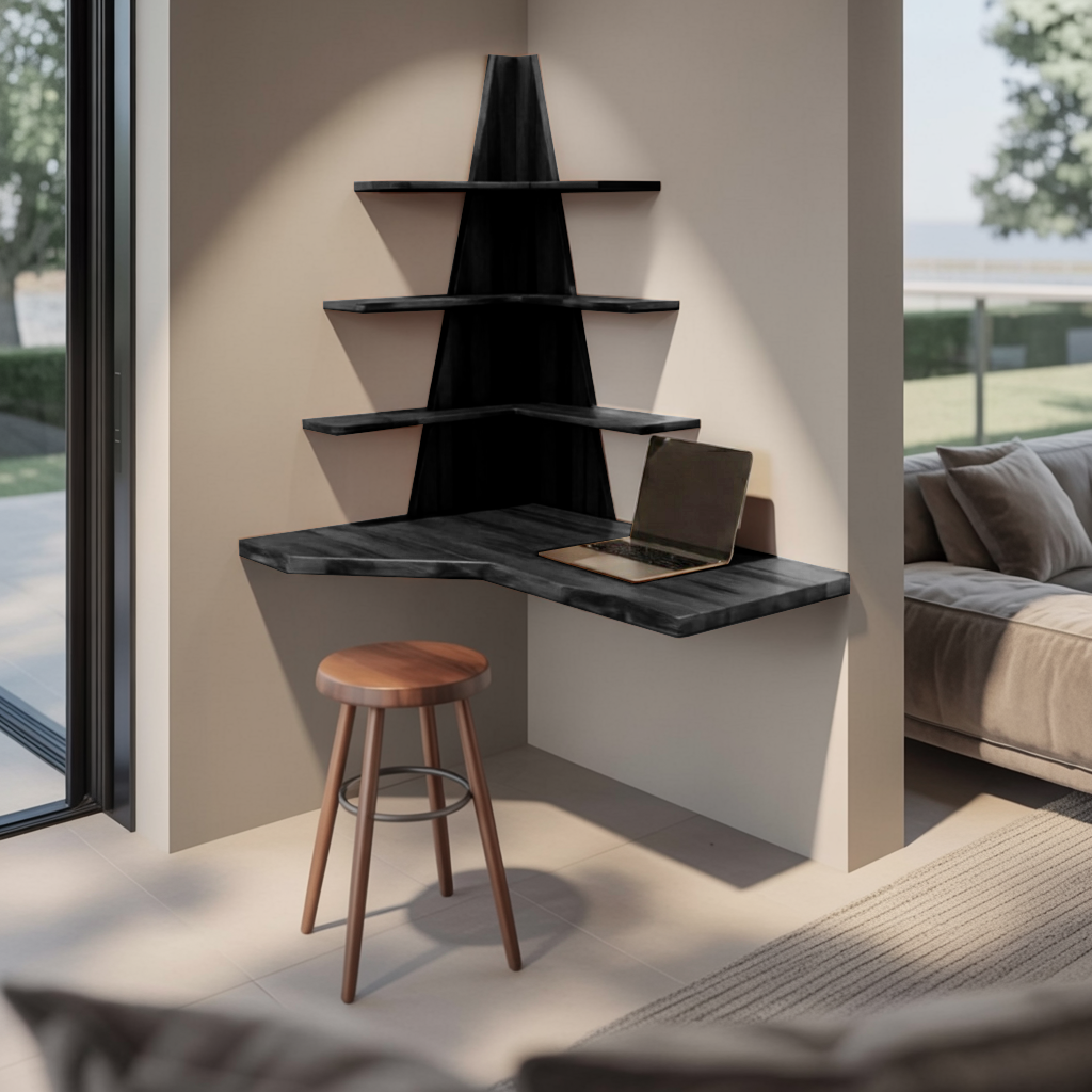 Modern Floating Corner Desk With Tree Shelves For Home Office And Apartment