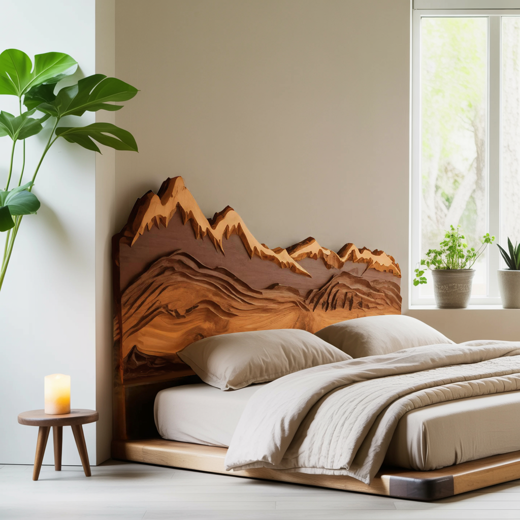 Mountain Headboard Carved For Queen And King Bed In Rustic Bedroom