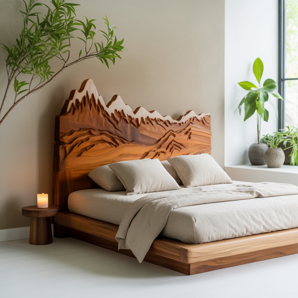 Rustic Style Mountain Carved Headboard Wall Art Bedroom